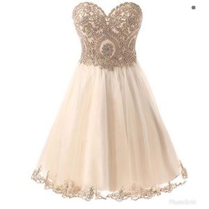 Cream Rhinestone Beaded Embellished Prom Dress - Short